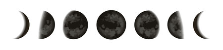 Black moons icons set, lunar phases in night starry sky, Shape of the directly sunlit portion of the Moon as viewed from Earth, vector illustration.のイラスト素材