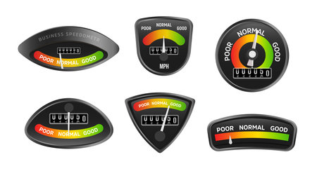 Analog business speedometers collection. Set of retro stylish icons on a black background in...