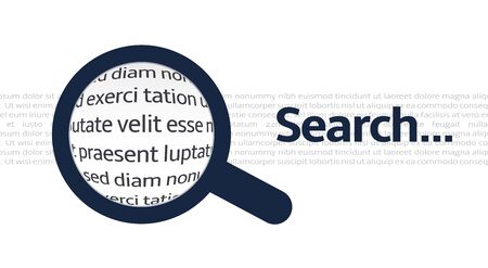 Search icon with closeup text background, magnifier in search of the necessary information in text paragraph, research work, isolated vector illustration.のイラスト素材