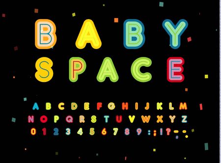 Baby space letters and numbers set. Bold children style, headline vector latin alphabet.のイラスト素材