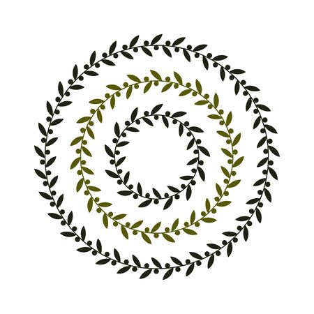 Isolated round green olive branch. Circular shape. Olive oil sign. Symbol of peace. Greek mythology sign. Healthy products label. Organic cosmetics. Natural element.Agricultural itemのイラスト素材