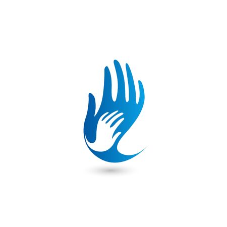 Isolated blue and white vector hands logo. Mothercare sign. Orphanage emblem. Caring parents. Childish hand. Adopted child. Bringing up. Support symbol. Helpful people.のイラスト素材