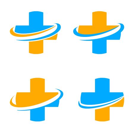 Set of vector cross logo. Religious symbols collection. Medical sign. Graphic addition symbol. Ambulance logotype. Medical center. Treatment room. Plus yellow and blue color. Funeral service.のイラスト素材