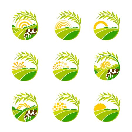 Farm isolated green logo collection. Rural landscape logos set. Environmental signs. Set of vector design emblem elements. Green plantations logotypeのイラスト素材