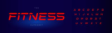 Fitness letters set. Red modern cut style alphabet on blue background.のイラスト素材