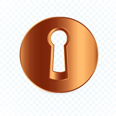 Isolated round keyhole on white transparent background, flat bronze lock element, circle realistic keyhole symbol. Secure, safety and protect vector emblemのイラスト素材