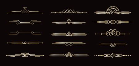 Geometric line dividers art deco dividers set for books and vintage posters and posters, filigree golden frame element for artistic decor on black background vector illustration.のイラスト素材