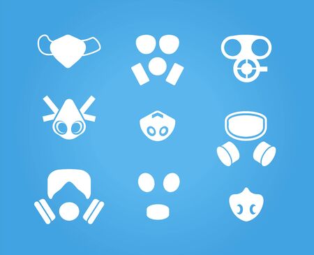 Gas masks and respirators vector icons set, various face masks wearer from inhaling airborne pollutants, viruses, infections and toxic gases. Simple silhouettes collection for web and infographic.のイラスト素材