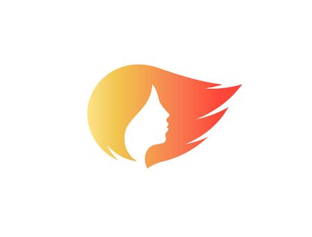Womans face profile silhouette isolated vecor logo. Orange streaming hair logotype. Hair care cosmetc symbol. Hairdressers sign.のイラスト素材