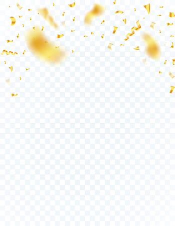 Falling golden confetti with isolated transparent background, template for vertical banner, flyer, certificate, greeting card or invitation. Vector illustrationのイラスト素材