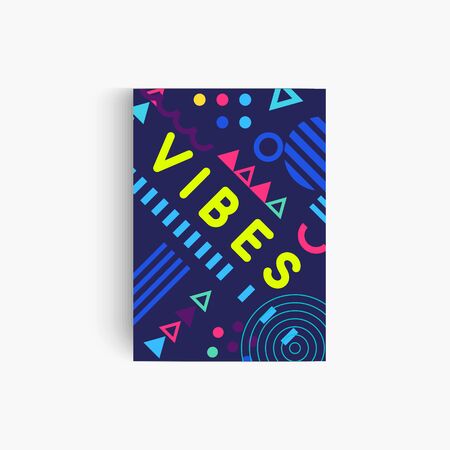 good vibes poster template, art creative pattern on dark blue background, memphis style, vertical modern poster with place for text, vector illustrationのイラスト素材