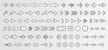 Arrows big collection, with borders and shadows, vector icon set. Paper monochrome sticker pack. Simple design template for web, advertising, business, presentation and other design projects.のイラスト素材