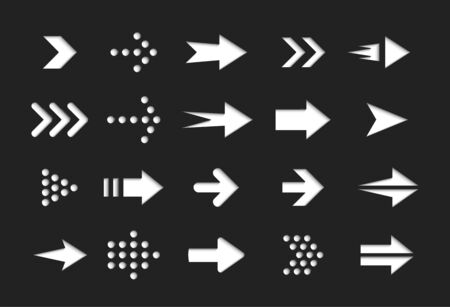 White arrows on black background, vector icons set, interface isolated symbols pack. Next, forward, previous buttons plain signs bundle. Cursors pictograms collection for web.のイラスト素材