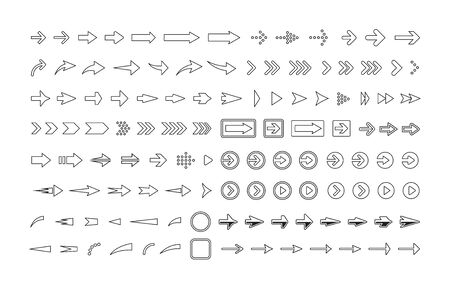 Arrows big collection, with borders and shadows, vector icon set. Paper monochrome sticker pack. Simple design template for web, advertising, business, presentation and other design projects.のイラスト素材