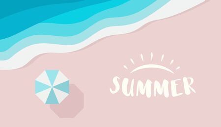 Wide summer poster template with text  place. Top view of azure sea, beach umbrella and pink sand. Resort and open air entertainment by the sea, river or ocean. Vector flat background.のイラスト素材