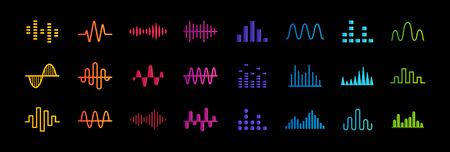 Set of music equalizer icons, sound waves lines, rate and chart bar symbols collection, heart pulse medical sign, vector illustrationのイラスト素材