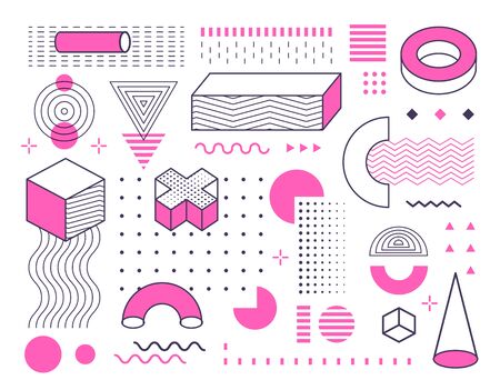 Abstract geometric shapes and forms set with color. Memphis style design elements collection for poster, brochure, layout, template or presentation. Vector illustration on white backgroundのイラスト素材