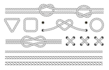 Nautical rope frames and borders. Marine rope, nautical border, cord, string knot twisted. Sailing sport vector decoration elements.のイラスト素材