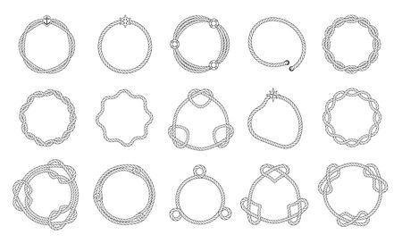 Round rope frames, wavy and smooth outline with sea knots. Woven lines of frames. Borders for selection template, vector illustration.のイラスト素材