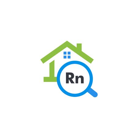 Radon pollution testing service graphic icon. Isolated house rent search website logo. Real estate sale web logotype. Buiding company. Rn, dangerous chemical element alert kit vector illustration.のイラスト素材