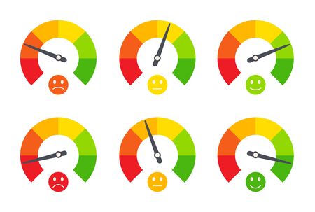 Set of business indicators, emotional emoticons, indicating quality, level, rating. Ratings of different levels like poor, bad, normal, good, excellent, great. Vector isolated flat graphic.のイラスト素材