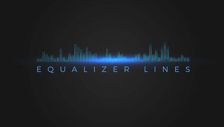 Stereo audio equalizer. Digital sound recorder. Electronic music playback waveform. City silhouette. Panoramic view, skyscrapers vector illustration.のイラスト素材
