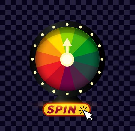 Online fortune wheel banner. Click the button, spin and play application poster. Gambling game vector illustration. Isolated casino website sign. Random winner slot machine app. Raffle prize.のイラスト素材