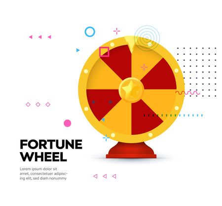 Fortune wheel icon on memphis style background. Gambling website banner. Random winner casino slot machine poster. Raffle prize. Money bets emblem. Isolated lottery,roulette vector illustrationのイラスト素材