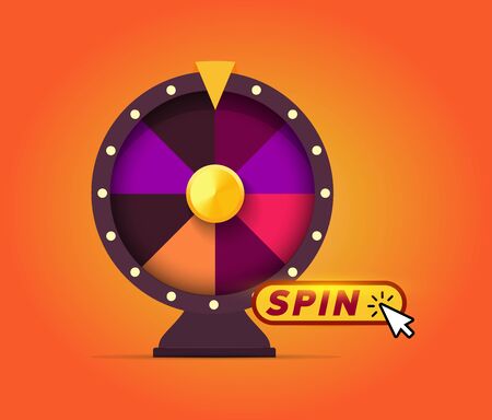 Wheel of fortune, random wheel choice with spin button, banner template for online casinos, gambling, random choice of winner or winner prize. Vector illustration on bright background.のイラスト素材