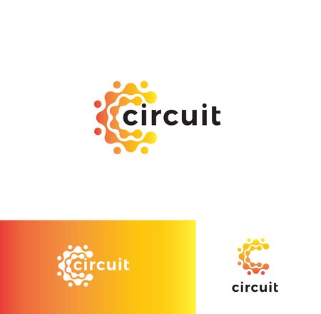 Digital stylized circuit board logo set. Electronic technology logotype collection. Round micro scheme, chip icon. High tech vector illustration. Orange and white electricity circle signのイラスト素材