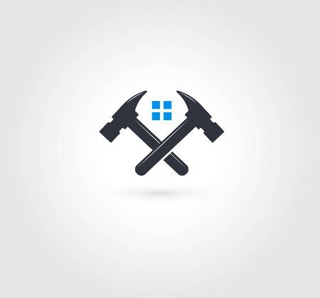 Crossed hammers  . Home repairs emblem. Fixing, mending tools icon. Window installation,maintenance service. Device settings sign. Labour force, work force vector illustration.のイラスト素材