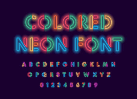 Colored neon font, colorful outlines letter and numbers set with neon colored glow on black background. Fluorescent shine Typeset for entertaiment, cinema, kids birthday, nighlife. Vector typographyのイラスト素材