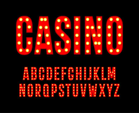 Red letters with light bulbs. Tall and narrow alphabet. Font for cinema casino poster, carnival and festival decoration, gambling night club logos. Vector typography designのイラスト素材
