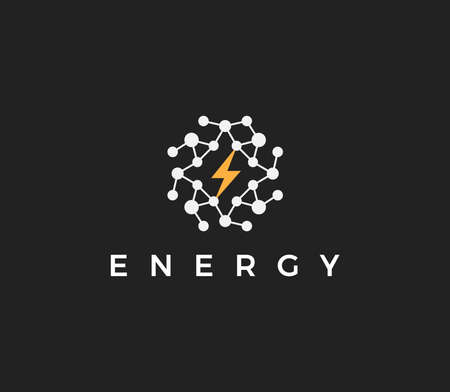 Energy technology flat style vector logo concept. Abstract round logotype with dots structure and sparkle, isolated icon on black background for electrical innovate business and startupのイラスト素材