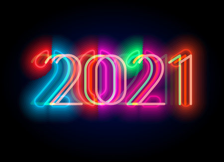 New Year 2021 numbers for digital display design. Neon lighting poster for party, event, invitations and calendars in cyberpunk, rave, popular futuristic style, ui and hud. Vector illustration.のイラスト素材