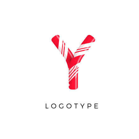 Candy letter Y with bright red and white stripes. Like Sweet lollipop or funny cane. Vector latin symbol for logo and monogram. Branding typeset designのイラスト素材