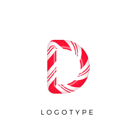 Candy letter D with bright red and white stripes. Like Sweet lollipop or funny cane. Vector latin symbol for logo and monogram. Branding typeset designのイラスト素材