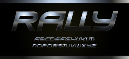 Modern sport font with metallic texture, vector typography. Alphabet for rally speed racing. Dark steel letters on black backgroundのイラスト素材