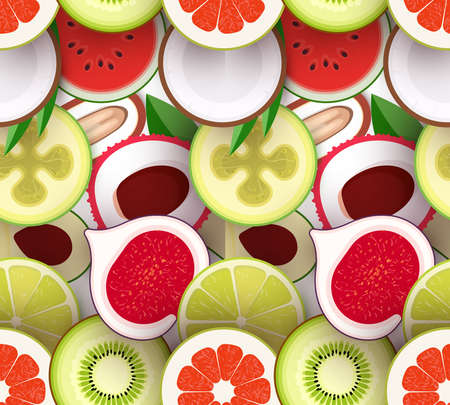 Fruit seamless texture. Pattern with pieces of fruit. Texture for packaging and background. Bright repeatable backdrop. Vector illustrationのイラスト素材