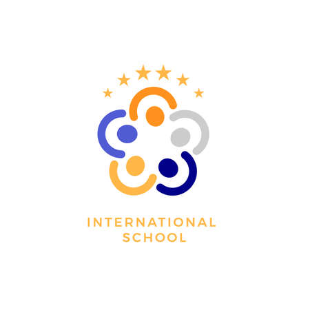 International school, social community flat vector logo concept. Human group, person together isolated icon. Team, friendship, partnership, support abstract emblem for business and educationのイラスト素材