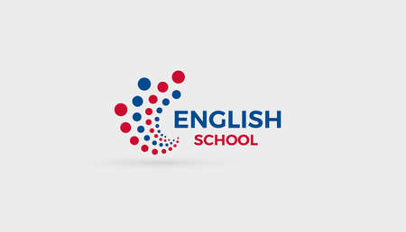 English School logo concept. Abstract bubbles dots logotype for education, english language learning, study course, virtual teaching work, training, communication and speak club, vector symbol design.のイラスト素材