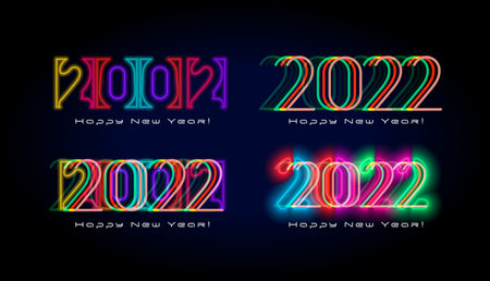 New Year 2022 typography neon lighting, cyberpunk futuristic style. Design for rave christmas party,...