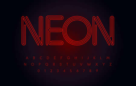 Red neon font glowing, tube letters set, outline contour alphabet.  Vector typography designのイラスト素材