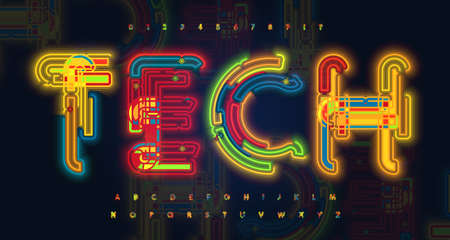 Neon light font, alphabet for hud, data and research. Bright luminous tube letters from contour line. Glowing letters set for cyber computer tech headline. Futuristic vector typographic designのイラスト素材