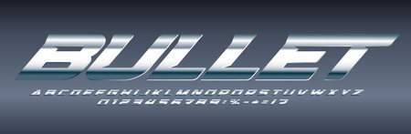 Silver font chrome alphabet aluminium letters. Machinery letter set for speed headline. Shiny metallic typesetのイラスト素材