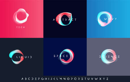 Weightlessness symbol, wavy liquid ring shape, abstract round logo set template for science, space technology, bio innovation, baner and poster background with overlay color. Vector illustrationのイラスト素材