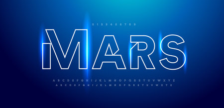 Space font alphabet letters. Outline linear contour typography. Techno digital characters with electric light, neon glow. Shiny illuminated letter set for headline, cover title. Vector typesetのイラスト素材