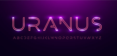 Space font alphabet letters. Outline linear contour typography. Techno digital characters with electric light, neon glow. Shiny illuminated letter set for headline, cover title. Vector typesetのイラスト素材