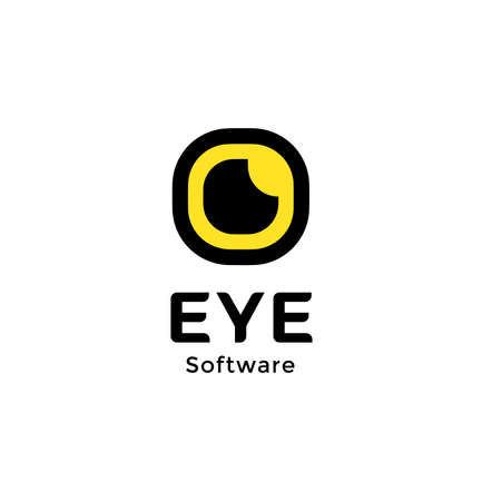 Eyeball vector icon. Yellow rectangle eye retina, photo lens abstract symbol, spy tech, vision surgery, smart camera app. SImple flat abstract logo template. Logotype concept design for businessのイラスト素材