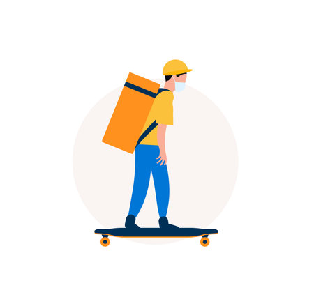 Food delivery man on longboard. Courier with eat bag on skateboard. Graphic for delivery service....